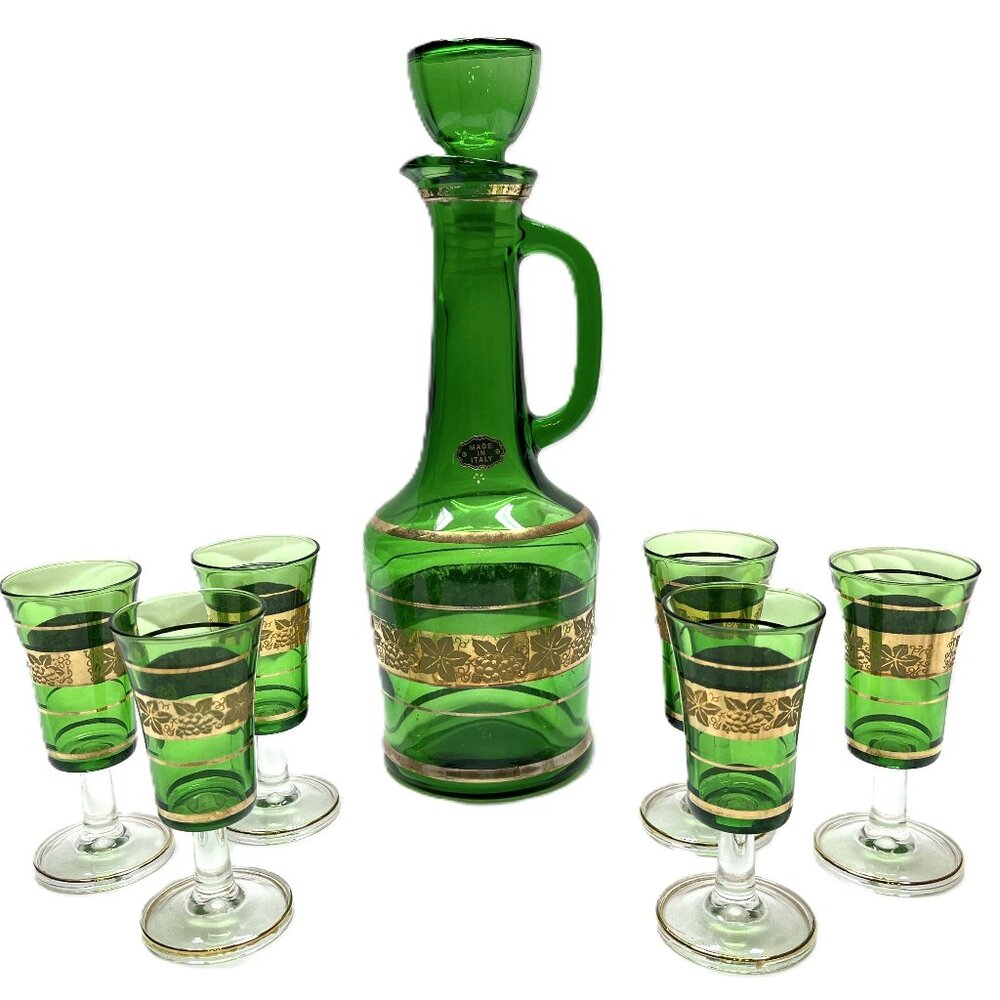 Vintage Italian Emerald Green Complete Decanter Set